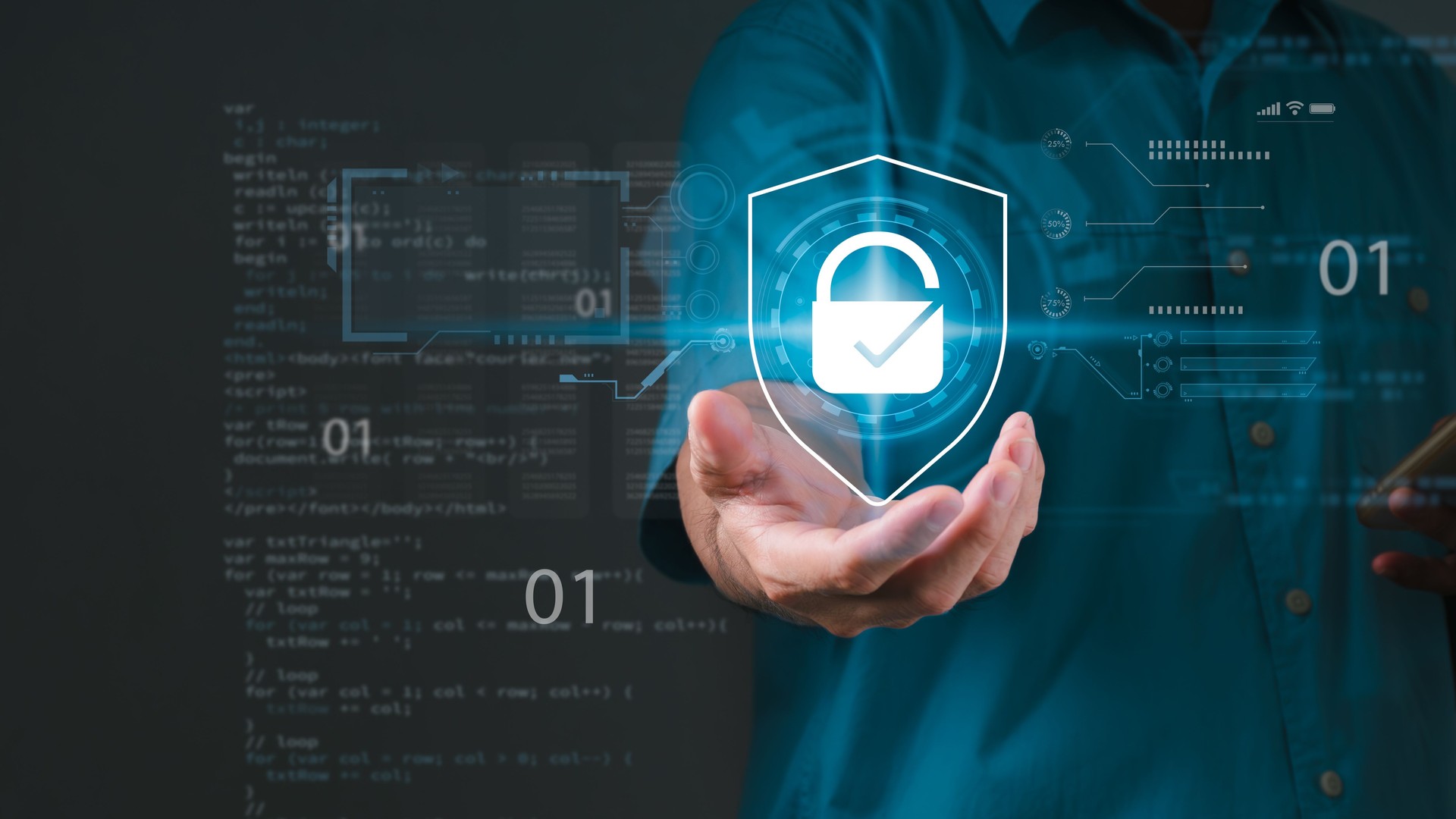 Cybersecurity and network data protection, businessmen holding internet network security padlock, user personal data encryption security, and intelligent defense against cyberattacks.